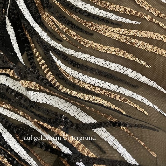 Sequins intertwined in wavy stripes black gold white on black tulle | View: Sequins intertwined in wavy stripes black gold white on black tulle