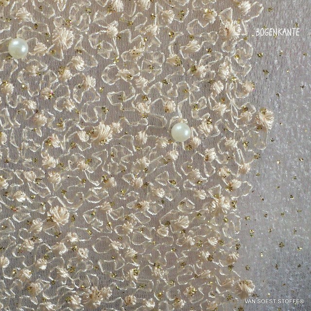 Perlen auf mikro Blümchen Stretch Glitter Tüll in Dunkelcreme
