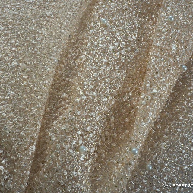 Perlen auf mikro Blümchen Stretch Glitter Tüll in Dunkelcreme | Ansicht: Perlen auf mikro Blümchen Stretch Glitter Tüll in Creme