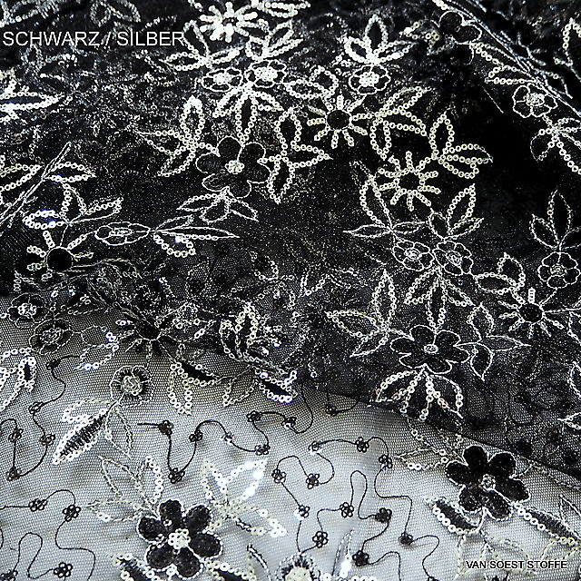 Silver sequins on black stiff mesh | View: Silver sequins on black stiff mesh